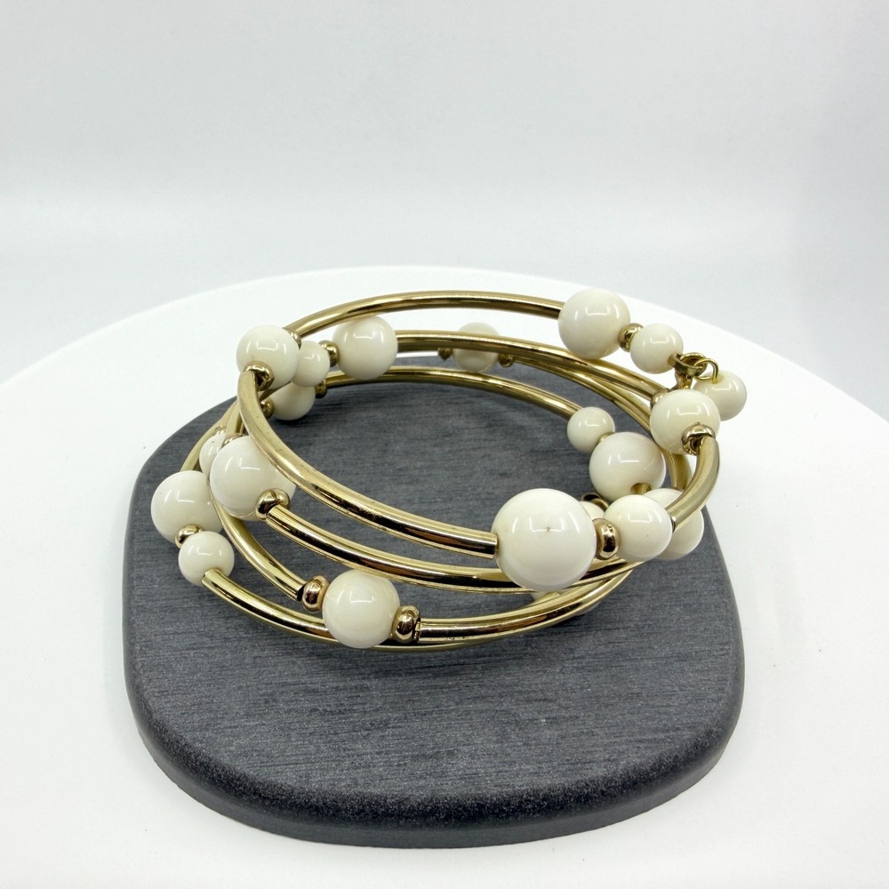 White Beaded Gold Tone Wrap Bracelet Minimalist Stackable Elegant Wrist Jewelry